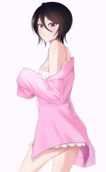 Rule 34 | 1girl, absurdres, backboob, bare shoulders, black hair, bleach, blush, breasts, closed mouth, commentary request, cowboy shot, double-parted bangs, dress, eyelashes, from side, gwao ( ul 13), hair between eyes, hand up, highres, korean commentary, kuchiki rukia, looking at viewer, pajamas, pink pajamas, purple eyes, short hair, simple background, sleeveless, sleeveless dress, sleeves past fingers, sleeves past wrists, small breasts, smile, solo, spaghetti strap, straight hair, sundress, tsurime, white background, white dress
