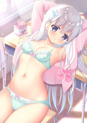 Rule 34 | 1girl, armpits, arms behind head, arms up, blunt bangs, blush, bra, breasts, cameltoe, chair, classroom, collarbone, commentary request, curtains, desk, green bra, green panties, hair between eyes, hair ornament, hairclip, long hair, milk carton, navel, open clothes, open shirt, original, panties, parted lips, pink shirt, pleated skirt, purple eyes, sailor collar, school chair, school desk, school uniform, serafuku, shirt, silver hair, sitting, skirt, unworn skirt, small breasts, solo, underwear, white sailor collar, white skirt, window, wooden floor, yuyumatsu