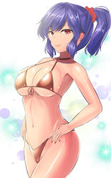 Rule 34 | 1girl, bikini, breasts, collar, glitter, highres, large breasts, light smile, looking at viewer, nail polish, one-hour drawing challenge, purple hair, red eyes, shiny clothes, simple background, swimsuit, touhou, y2, yasaka kanako