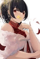 Rule 34 | 1girl, bad id, bad pixiv id, bare shoulders, black hair, bow, commentary, doran (dorannomai), dress, flower, flower in mouth, hair between eyes, hair ornament, hand up, highres, idolmaster, idolmaster shiny colors, looking at viewer, morino rinze, mouth hold, petals, red dress, red eyes, simple background, sleeveless, sleeveless dress, solo, upper body, white background, white bow, yellow flower