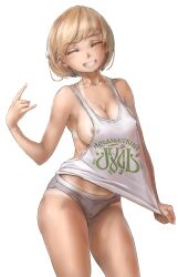 Rule 34 | 1girl, absurdres, areola slip, bare arms, bare shoulders, blonde hair, breasts, cameltoe, cleavage, cleft of venus, closed eyes, clothes pull, contrapposto, covered erect nipples, cowboy shot, grin, hand up, head tilt, highres, iskanderednaksi, large breasts, looking at viewer, \n/, no bra, no pants, original, panties, print shirt, pulling own clothes, shirt, shirt pull, short hair, sideless outfit, smile, solo, standing, swept bangs, tan, tank top, tanline, teeth, underwear, white background, white panties, white tank top