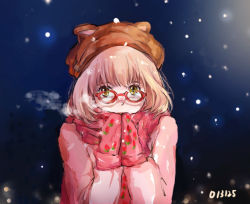 Rule 34 | 10s, 1girl, animal ears, blonde hair, breath, covering face, covering own mouth, food, fruit, galanyu, glasses, green eyes, hat, kuriyama mirai, kyoukai no kanata, mittens, night, pink theme, red-framed eyewear, scarf, scarf over mouth, snow, snowing, solo, strawberry, sweater, winter, winter clothes, yellow eyes