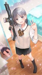 Rule 34 | 1girl, black skirt, black socks, blush, bow, bowtie, cardigan vest, collared shirt, ear piercing, earrings, full body, fuzuki fuuro, grey eyes, grey hair, gun, highres, holding, holding gun, holding weapon, indoors, jewelry, looking at viewer, matching hair/eyes, medium hair, mirror, open mouth, original, perspective, piercing, pleated skirt, rifle, school uniform, shirt, skirt, sleeves rolled up, smile, socks, solo, sparkle, stud earrings, sweater vest, upskirt, v, vest, weapon, weapon request, white shirt