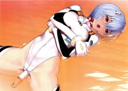 Rule 34 | 1girl, :o, adapted costume, ayanami rei, bar censor, blue hair, blush, bracer, breasts, censored, covered erect nipples, crossed arms, entry plug, female masturbation, gloves, groin, hair ornament, head tilt, highleg, highleg leotard, highres, lcl, leotard, looking away, lying, masturbation, moaning, neon genesis evangelion, object insertion, on back, open mouth, partially submerged, plugsuit, red eyes, saliva, scan, short hair, small breasts, solo, spread legs, thighhighs, tony taka, turtleneck, vaginal, vaginal object insertion, white thighhighs