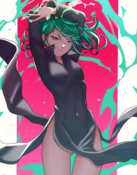 Rule 34 | 1girl, arms up, black dress, breasts, covered navel, cowboy shot, dress, eyelashes, gluteal fold, green eyes, green hair, high collar, highres, light smile, long sleeves, looking at viewer, medium hair, messy hair, navel, one-punch man, parted lips, pelvic curtain, pink background, pomelomelon, small breasts, smile, solo, tatsumaki, thighs, tight clothes, tight dress, wide hips, wind