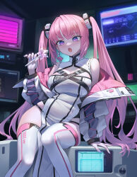Rule 34 | 1girl, absurdres, china dress, chinese clothes, commentary request, cowboy shot, dress, hand up, highres, holding, indoors, jacket, jacket partially removed, long hair, long sleeves, looking at viewer, monitor, multiple monitors, open mouth, original, pink hair, purple eyes, science fiction, sitting, sleeveless, solo, thighhighs, twintails, white dress, white jacket, white thighhighs, xzu