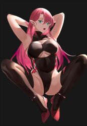 Rule 34 | 1girl, armpits, arms up, azur lane, black background, black leotard, black thighhighs, breasts, cleavage, commentary request, duke of york (azur lane), green eyes, hair between eyes, kameponde, large breasts, leotard, long hair, looking at viewer, open mouth, pink hair, pointy ears, red footwear, simple background, solo, thighhighs, thighs, very long hair