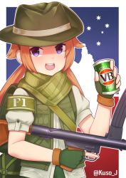 Rule 34 | 1girl, artist name, australia, beer can, blush, brown hair, can, drink can, f1 (girls&#039; frontline), fingerless gloves, girls&#039; frontline, gloves, green gloves, green hat, gun, hat, highres, holding, holding gun, holding weapon, jacy, long hair, looking at viewer, open mouth, puffy short sleeves, puffy sleeves, purple eyes, short sleeves, smile, solo, teeth, twintails, twitter username, upper teeth only, weapon
