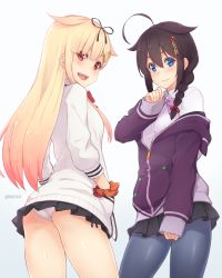 Rule 34 | 10s, 2girls, :d, ahoge, ass, black hair, black pantyhose, black ribbon, black skirt, blonde hair, blue eyes, blush, bow, bowtie, braid, cardigan, casual, closed mouth, collared shirt, commentary request, cosplay, dan (kumadan), eyelashes, fangs, from below, gradient background, gradient hair, gridman universe, hair between eyes, hair flaps, hair ornament, hair over shoulder, hair ribbon, hairclip, hands in pockets, highres, jacket, kantai collection, long hair, long sleeves, looking at viewer, looking back, looking down, md5 mismatch, microskirt, miniskirt, multicolored hair, multiple girls, off shoulder, open mouth, orange scrunchie, panties, pantyhose, pantyshot, partially unzipped, pink bow, pink hair, pink neckwear, pleated skirt, purple bow, purple jacket, red bow, red eyes, red neckwear, red ribbon, resolution mismatch, ribbon, school uniform, scrunchie, shigure (kancolle), shinjou akane, shinjou akane (cosplay), shiny skin, shirt, simple background, single braid, skirt, sleeves past wrists, smile, source larger, ssss.gridman, standing, takarada rikka, takarada rikka (cosplay), twitter username, underwear, white panties, white shirt, wing collar, wrist scrunchie, yuudachi (kancolle), zipper pull tab