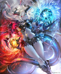 Rule 34 | 1girl, armor, blue eyes, boots, colored skin, demon girl, demon horns, flame = glass, gloves, grey skin, heterochromia, horns, ice, kouyafu, magic, official art, red eyes, shadowverse, short shorts, shorts, solo, stomach, tail, thighs, white hair