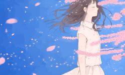 Rule 34 | 1girl, blue sky, brown hair, cherry blossoms, closed eyes, collared shirt, dress, from side, highres, hinao (flowerrabbit2348), original, petals, shirt, sky, solo, white dress
