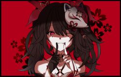Rule 34 | 1girl, :d, bare shoulders, bell, black border, black choker, black gloves, border, bow, brown hair, choker, collarbone, criss-cross halter, fingers to mouth, fox mask, gloves, hair bow, hair ornament, halterneck, hands up, highres, honkai: star rail, honkai (series), long hair, looking at viewer, mask, mask on head, neck bell, o-ring, one eye closed, open mouth, outside border, pink eyes, red background, red bow, sidelocks, simple background, single glove, smile, solo, sparkle (honkai: star rail), straight-on, teeth, twintails, weilin (liarliarliarin)