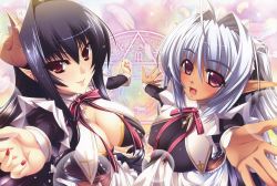 Rule 34 | 2girls, absurdres, ahoge, black hair, blush, breasts, cleavage, dark-skinned female, dark skin, feathers, highres, horns, large breasts, long hair, luiana drawers, magic circle, maid, maid headdress, multiple girls, nail polish, outstretched arm, outstretched hand, pink eyes, pointy ears, reaching, red eyes, ribbon, sensia lindorf, silver hair, smile, yatsuha kanan, zettai maou