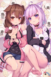 Rule 34 | 2girls, :3, absurdres, ahoge, alternate costume, animal ears, barefoot, black jacket, black shirt, blue shorts, blush, breasts, brown eyes, brown hair, cat ears, cat girl, cat tail, cleavage, closed mouth, collarbone, collared shirt, commentary request, detached sleeves, dog ears, dress shirt, fur-trimmed sleeves, fur trim, highres, hololive, inugami korone, inugami korone (loungewear), jacket, listener (inugami korone), long sleeves, loungewear, masaki (msk064), medium breasts, multiple girls, nekomata okayu, nekomata okayu (oversized shirt), no shoes, official alternate costume, onigirya (nekomata okayu), open clothes, open jacket, pink jacket, pink sleeves, puffy long sleeves, puffy sleeves, purple eyes, purple hair, shirt, short shorts, shorts, sleeveless, sleeveless jacket, sleeves past wrists, socks, soles, striped clothes, striped legwear, striped socks, tail, virtual youtuber, white shirt