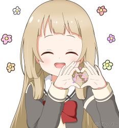 Rule 34 | 1girl, :d, ^ ^, blush, bow, closed eyes, commentary request, facing viewer, floral background, forehead, grey shirt, hands up, heart, heart hands, highres, light brown hair, long hair, long sleeves, mitya, nogi sonoko, open mouth, red bow, sailor collar, shirt, simple background, smile, solo, teeth, twitter username, upper body, upper teeth only, white background, white sailor collar, yuuki yuuna wa yuusha de aru, yuusha de aru
