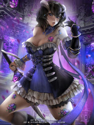 Rule 34 | 1girl, black hair, bloodstained: ritual of the night, blue eyes, breasts, brown hair, cleavage, detached sleeves, emerald-weapon, gauntlets, gradient hair, hair between eyes, hair ornament, horns, large breasts, looking at viewer, miriam (bloodstained), multicolored hair, pale skin, short hair, simple background, smile, solo, stained glass, sword, tattoo, weapon