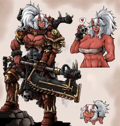 1girl abs adeptus_astartes armor axe backpack bag boots breasts chain chain_axe chaos_(warhammer) chaos_space_marine cleavage cropped_torso cuffs doro_(nikke) gauntlets genderswap genderswap_(mtf) goddess_of_victory:_nikke gorget heart highres holding holding_axe holding_weapon horns khorne_(cult) multiple_views muscular muscular_female octosoup pauldrons ponytail power_armor sarashi shackles sharp_teeth shoulder_armor single_gauntlet skull solo spoken_heart teeth warhammer_40k weapon white_hair yellow_eyes