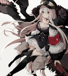 Rule 34 | 1girl, aiguillette, belt, black choker, black coat, black dress, black footwear, black hat, blurry, blush, bolt action, boots, breasts, buttons, choker, cleavage, closed mouth, coat, collarbone, depth of field, dress, floating hair, fur-trimmed coat, fur trim, girls&#039; frontline, glint, gun, hair between eyes, hat, highres, holding, holding gun, holding weapon, jacket, jacket on shoulders, kar98k (girls&#039; frontline), long hair, long sleeves, looking at viewer, mauser 98, medium breasts, military, military uniform, narue, peaked cap, puffy sleeves, red eyes, rifle, silver hair, simple background, solo, thigh boots, thighhighs, uniform, very long hair, weapon, white background