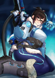 Rule 34 | 1girl, belt pouch, black-framed eyewear, black legwear, blue gloves, blurry, blurry background, blush, boots, breasts, brown eyes, canister, coat, commentary request, drone, fur-trimmed jacket, fur coat, fur trim, glasses, gloves, hair bun, hair ornament, hair stick, highres, holding, holding weapon, ice gun, jacket, kagematsuri, looking at viewer, medium breasts, mei (overwatch), overwatch, overwatch 1, parka, pouch, robot, seiza, single hair bun, sitting, snow boots, snowball (overwatch), snowflake hair ornament, solo, swept bangs, thighs, weapon, winter clothes, winter coat