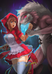 Rule 34 | 1girl, atorot, bleeding, blood, breasts, brown hair, cosplay, cowboy shot, creature, creatures (company), eye contact, game freak, gen 7 pokemon, height difference, highres, large breasts, little red riding hood, little red riding hood (grimm), little red riding hood (grimm) (cosplay), looking at another, lycanroc, lycanroc (midnight), may (pokemon), nintendo, pokemon, pokemon rse, red eyes, sharp teeth, sidelocks, standing, teeth, thighhighs, white thighhighs, zettai ryouiki