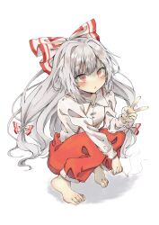 Rule 34 | 1girl, barefoot, blush, bow, breasts, cigarette, collared shirt, fujiwara no mokou, hair bow, highres, holding, holding cigarette, long hair, long sleeves, looking up, open mouth, pants, red eyes, red pants, seika okawari, shirt, simple background, sitting, small breasts, solo, toes, touhou, v, white background, white hair, white shirt