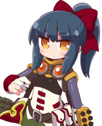 Rule 34 | 1girl, arrow (projectile), belt, belt buckle, black belt, black hair, blush, bow, brown eyes, buckle, closed mouth, etrian odyssey, gloves, goggles, goggles around neck, green pants, hair bow, high ponytail, highres, long hair, long sleeves, naga u, pants, partially fingerless gloves, ponytail, quiver, red bow, sekaiju no meikyuu, sekaiju no meikyuu 4, shirt, sidelocks, simple background, sniper (sekaiju), solo, white background, white gloves, white shirt
