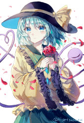 Rule 34 | 1girl, black hat, blouse, blue eyes, blush, buttons, closed mouth, commentary, cowboy shot, diamond button, falling petals, flower, frilled shirt collar, frilled sleeves, frills, green hair, green skirt, hair between eyes, hat, hat ribbon, heart, heart of string, highres, holding, holding flower, komeiji koishi, light smile, long sleeves, looking at viewer, medium hair, petals, red flower, red rose, ribbon, rose, rose petals, shirt, simple background, skirt, suzushina, third eye, touhou, twitter username, white background, wide sleeves, yellow ribbon, yellow shirt