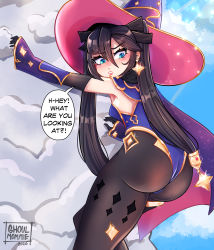 Rule 34 | 1girl, absurdres, annoyed, ass, black hair, blue eyes, blush, breasts, cape, climbing, detached sleeves, english text, genshin impact, ghoul mommie, gloves, hair ornament, hat, highres, leotard, long hair, looking at viewer, looking down, mona (genshin impact), pantyhose, shiny clothes, shiny skin, sideboob, solo, thighlet, twintails, very long hair