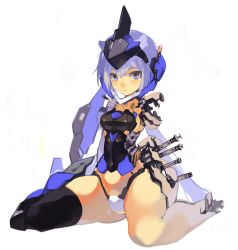 Rule 34 | 1girl, absurdres, android, blue eyes, blue hair, blush, breasts, cyborg, damaged, frame arms girl, headgear, highres, humanoid robot, long hair, looking at viewer, mecha musume, mechanical arms, mechanical legs, mechanical parts, medium breasts, puribate (helgoland), robot, shiny skin, simple background, single mechanical arm, sitting, solo, stylet, thighs, twintails, wariza, white background