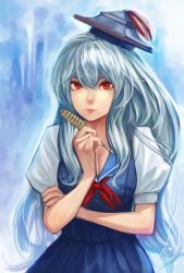 Rule 34 | 1girl, blue hair, breasts, bukimi isan, cleavage, dress, female focus, hat, highres, holding, kamishirasawa keine, large breasts, lips, long hair, looking at viewer, quill, red eyes, solo, touhou