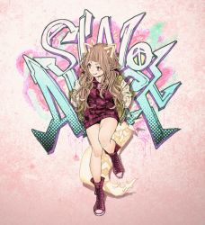 Rule 34 | 1girl, bare legs, brown eyes, full body, graffiti, halftone, hands in pockets, highres, jacket, komi shin&#039;ya, light brown hair, long hair, open clothes, open jacket, red footwear, red riding hood (sinoalice), shadow, shoes, sinoalice, solo, tongue, tongue out