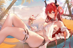 Rule 34 | 1girl, arknights, armpits, bare shoulders, bikini, black nails, bow, bowtie, breasts, cherry, chinese commentary, cleavage, commentary request, demon horns, detached sleeves, food, frilled bikini, frills, fruit, hair between eyes, hair ornament, halterneck, hammock, holding, holding food, horns, long hair, looking at viewer, medium breasts, nail polish, navel, ocean, outdoors, purple eyes, red hair, revision, ribbon, ru zhai, side-tie bikini bottom, sky, solo, star (symbol), star hair ornament, surtr (arknights), surtr (colorful wonderland) (arknights), swimsuit, thigh strap, thighs, very long hair, water