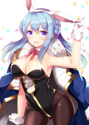 Rule 34 | 10s, 1girl, agekichi (heart shape), animal ears, bad id, bad pixiv id, bare shoulders, black pantyhose, blue hair, blush, bow, braid, breasts, cowboy shot, detached collar, eyebrows, fake animal ears, fur trim, gloves, gluteal fold, gradient hair, granblue fantasy, hair between eyes, hand up, holding ears, jacket, jacket on shoulders, large breasts, leotard, long hair, looking at viewer, multicolored hair, open mouth, pantyhose, playboy bunny, purple eyes, rabbit ears, red bow, solo, strapless, strapless leotard, sweatdrop, therese (granblue fantasy), triangle, white background, white gloves