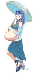 Rule 34 | 1girl, bikini, bikini top only, blue hair, breasts, chrisguy3, cleavage, female focus, fire emblem, fire emblem: three houses, fire emblem warriors: three hopes, full body, highres, large breasts, looking at viewer, marianne von edmund, medium hair, pregnant, sandals, sarong, solo, umbrella