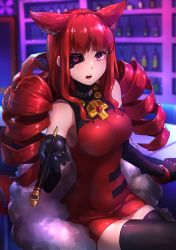 Rule 34 | 1girl, absurdres, animal ears, artificial eye, bar (place), black gloves, black thighhighs, blurry, blush, bottle, breasts, cat ears, depth of field, dress, drill hair, elbow gloves, gloves, highres, huge filesize, indoors, large breasts, long hair, mechanical eye, mr.lime, open mouth, pink eyes, red dress, red hair, sitting, sleeveless, sleeveless dress, smoking pipe, solo, stella hoshii, thighhighs, va-11 hall-a