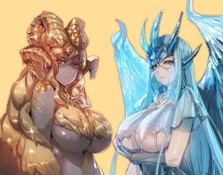 Rule 34 | 2girls, :|, arm under breasts, blue hair, bow (bhp), breasts, closed mouth, colored skin, dark-skinned female, dark skin, dragon girl, dress, glaring, grey background, horns, jewelry, kulve taroth, large breasts, long hair, looking at viewer, monster hunter, monster hunter: world, monster hunter (series), multiple girls, necklace, personification, pointy ears, red eyes, red hair, see-through, see-through dress, simple background, slit pupils, velkhana, very long hair, wings, yellow eyes