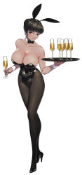 Rule 34 | 1girl, alcohol, animal ears, bare shoulders, black hair, black leotard, black pantyhose, blush, bow, bowtie, breasts, brown eyes, champagne, champagne flute, cleavage, collarbone, commentary request, covered navel, cup, dark-skinned female, dark skin, detached collar, drinking glass, fake animal ears, full body, high heels, highres, holding, large breasts, leotard, lipstick, looking at viewer, makeup, original, pantyhose, parted lips, playboy bunny, rabbit ears, shiny skin, simple background, smile, solo, strapless, strapless leotard, tray, white background, wrist cuffs, yan wan