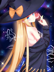 1girl abigail_williams_(fate) absurdres amaroku_neko black_hat blonde_hair blue_eyes bow closed_mouth fate/grand_order fate_(series) flower hat hat_bow head_tilt highres holding holding_flower long_hair long_sleeves looking_at_viewer off_shoulder orange_bow pink_flower shiny_skin shoulder_blades solo standing straight_hair very_long_hair witch_hat