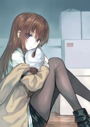 Rule 34 | 1girl, ankle boots, black pantyhose, blush, boots, brown hair, highres, hiten (hitenkei), jacket, legs up, pantyhose under shorts, long hair, makise kurisu, necktie, pantyhose, pantyhose under shorts, parted lips, purple eyes, shorts, sitting, solo, steins;gate, stuffed toy
