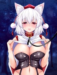 Rule 34 | 1girl, animal collar, animal ears, areola slip, bare shoulders, black corset, blush, breasts, buckle, cleavage, closed mouth, collar, collarbone, commentary request, corset, detached sleeves, eyelashes, hat, inubashiri momiji, koza900, lifted by self, long sleeves, looking at viewer, navel, night, outdoors, pom pom (clothes), red collar, red eyes, red hat, short hair, solo, standing, stomach, sweatdrop, tokin hat, touhou, white hair, wide sleeves, wolf ears