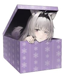 Rule 34 | 1girl, ahoge, animal ears, black hairband, bob cut, box, christmas present, cross-shaped pupils, gift, grey eyes, grey hair, hair intakes, hairband, in box, in container, koide 7285, looking at viewer, mechanical ears, mismatched pupils, no.21: feral scent (punishing: gray raven), no.21 (punishing: gray raven), punishing: gray raven, sidelocks, solo, symbol-shaped pupils, tail, white background, wolf ears, wolf tail
