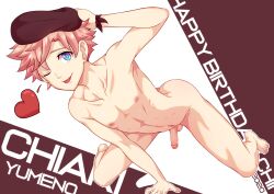 Rule 34 | 1boy, absurdres, barefoot, beret, blue eyes, brown background, collarbone, completely nude, full body, hand on floor, hand on headwear, hat, heart, highres, linea alba, male focus, mikkoukun, multicolored background, nipples, nude, one eye closed, original, penis, pink hair, skinny, solo, tongue, tongue out, white background, yumeno chiaki