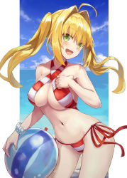 Rule 34 | 1girl, :d, absurdres, ahoge, ball, bare arms, bare shoulders, beachball, bead bracelet, beads, bikini, blonde hair, bracelet, breasts, cleavage, collarbone, commentary request, contrapposto, cowboy shot, criss-cross halter, fate/grand order, fate (series), floating hair, green eyes, hair intakes, halterneck, highres, jewelry, large breasts, long hair, looking at viewer, navel, nero claudius (fate), nero claudius (fate) (all), nero claudius (swimsuit caster) (fate), open mouth, red bikini, revision, side-tie bikini bottom, sidelocks, smile, solo, standing, stomach, striped bikini, striped clothes, swimsuit, thighs, twintails, yonkumi (gatling033)