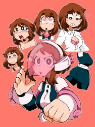 Rule 34 | 10s, 1girl, ahegao, ass, belt, blouse, blush stickers, bodysuit, boku no hero academia, bra, breasts, brown eyes, brown hair, cleavage, heart, heart-shaped pupils, highres, long sleeves, looking at viewer, matching hair/eyes, medium breasts, multiple views, open clothes, open mouth, pink background, samurairen, shirt, short hair, simple background, symbol-shaped pupils, tank top, teeth, thick eyebrows, tongue, tongue out, underwear, upper teeth only, uraraka ochako, visor, white shirt