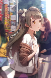 Rule 34 | 3girls, :o, bag, blunt bangs, bow, brown hair, brown jacket, cellphone, commentary request, cowboy shot, day, hair bow, hair rings, handbag, holding, holding phone, jacket, long hair, long sleeves, love live!, love live! school idol project, minami kotori, motion blur, multiple girls, off shoulder, open clothes, open jacket, orange eyes, outdoors, parted lips, phone, shamakho, shirt, shoulder bag, smartphone, solo focus, very long hair, white bow, white shirt