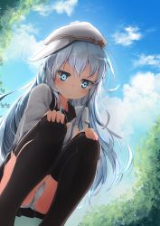 Rule 34 | 1girl, ass, bad id, bad pixiv id, black skirt, black thighhighs, blue eyes, blue hair, blue sky, blush, closed mouth, cloud, day, expressionless, flat cap, from below, grey shirt, hammer and sickle, hands on own knees, hat, hibiki (kancolle), highres, inu3, jitome, kantai collection, long hair, looking down, miniskirt, outdoors, panties, pantyshot, school uniform, serafuku, shirt, skirt, sky, solo, squatting, star (symbol), thighhighs, underwear, upskirt, verniy (kancolle), very long hair, white hat