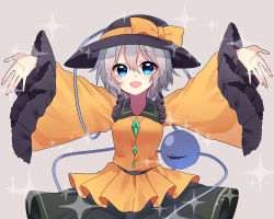 Rule 34 | 1girl, :d, arms up, black hat, blouse, blue eyes, blush, buttons, collared shirt, cowboy shot, diamond button, eyeball, frilled shirt collar, frilled sleeves, frills, green skirt, grey background, grey hair, hair between eyes, hat, hat ribbon, komeiji koishi, long sleeves, looking at viewer, one-hour drawing challenge, open hands, open mouth, outstretched arms, renka (sutegoma25), ribbon, shirt, short hair, skirt, smile, solo, sparkle, spread arms, third eye, touhou, wavy hair, wide sleeves, yellow ribbon, yellow shirt