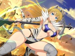 Rule 34 | 1girl, animal print, armor, belt, bikini armor, black panties, blonde hair, blue eyes, blush, braid, breasts, buckle, captain of the royal guard elina, cleavage, crossover, crotch, detached sleeves, earrings, elbow gloves, elina (queen&#039;s blade), elina (queen's blade), fur, gauntlets, gloves, hairband, jewelry, large breasts, long hair, navel, official art, panties, queen&#039;s blade, senran kagura, senran kagura new link, simple background, solo, tiger print, underwear, weapon, yaegashi nan