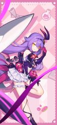 Rule 34 | 1girl, bare shoulders, breasts, chinese commentary, detached sleeves, doughnut, food, gloves, hair between eyes, highres, honkai (series), honkai impact 3rd, long hair, looking at viewer, navel, official art, official wallpaper, pink gloves, purple hair, scissors, sirin (miracle magical girl), skirt, small breasts, smile, solo, star (symbol), symbol-shaped pupils, v, very long hair, weapon, white skirt, x-shaped pupils, yellow eyes