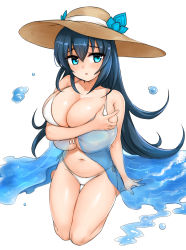 Rule 34 | 1girl, bikini, blue eyes, blue hair, blush, breast hold, breasts, bursting breasts, character request, cleavage, curly hair, furrowed brow, hair between eyes, hat, highres, huge breasts, long hair, looking to the side, navel, open mouth, saruton, see-through, seiza, shiny skin, simple background, sitting, solo, sun hat, swimsuit, very long hair, water, white background, white bikini
